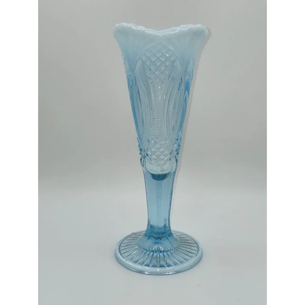 Mosser‎ 1970s Aqua Opalescent Glass Vase Diamond Pattern Pedestal Vase 10